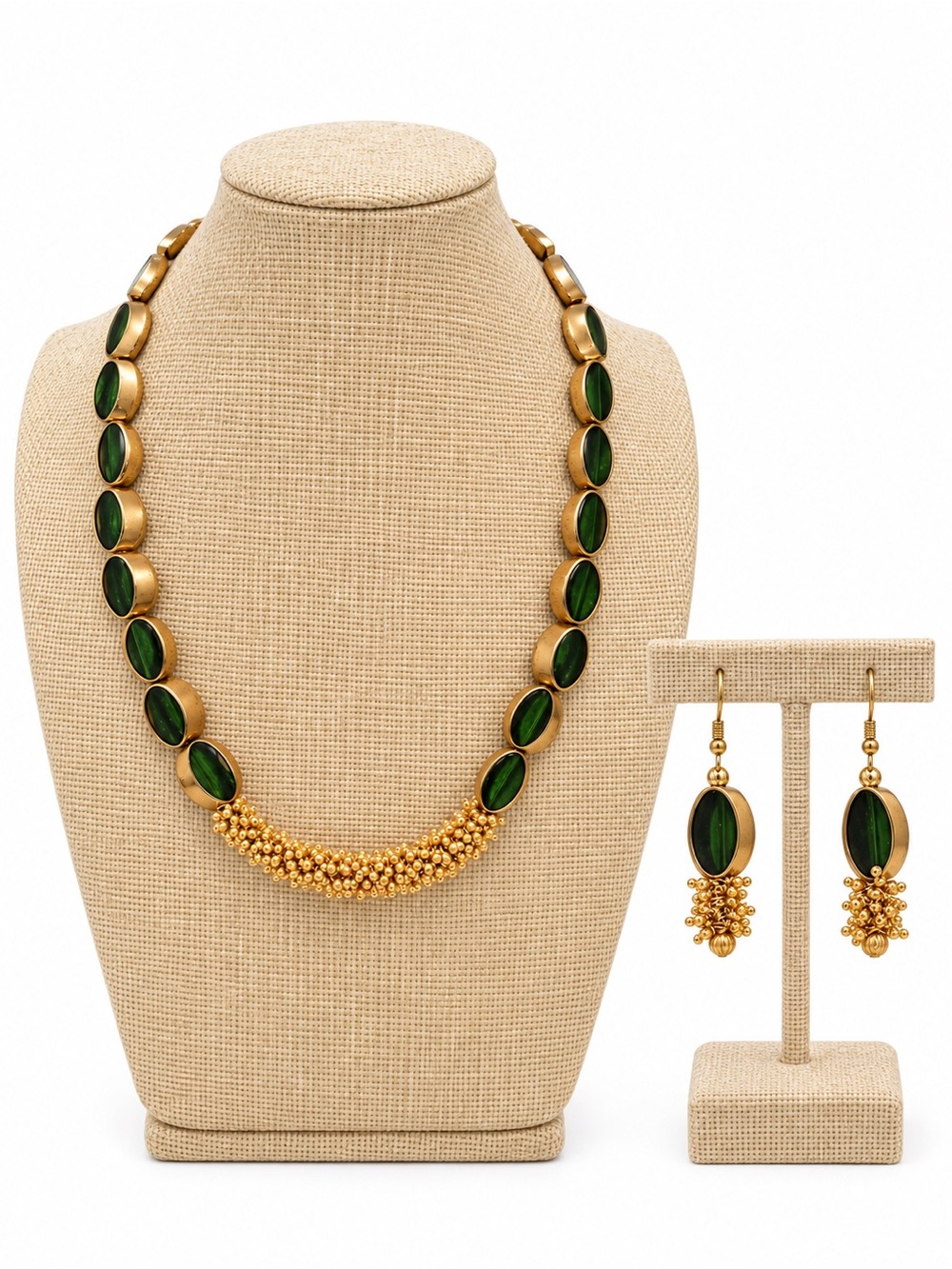 Green & Gold Tone Statement Necklace Set with Matching Dangle Earrings